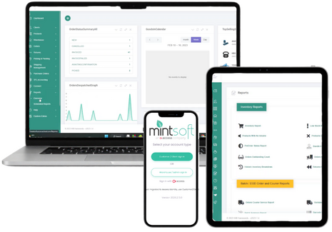 Mintsoft warehouse management system interface displayed on a laptop, tablet, and smartphone for Ayla Group's fulfilment operations