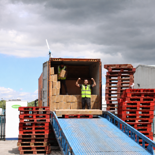 Warehouse worker standing inside an open shipping container with stacked pallets at Ayla Group's UK logistics facility